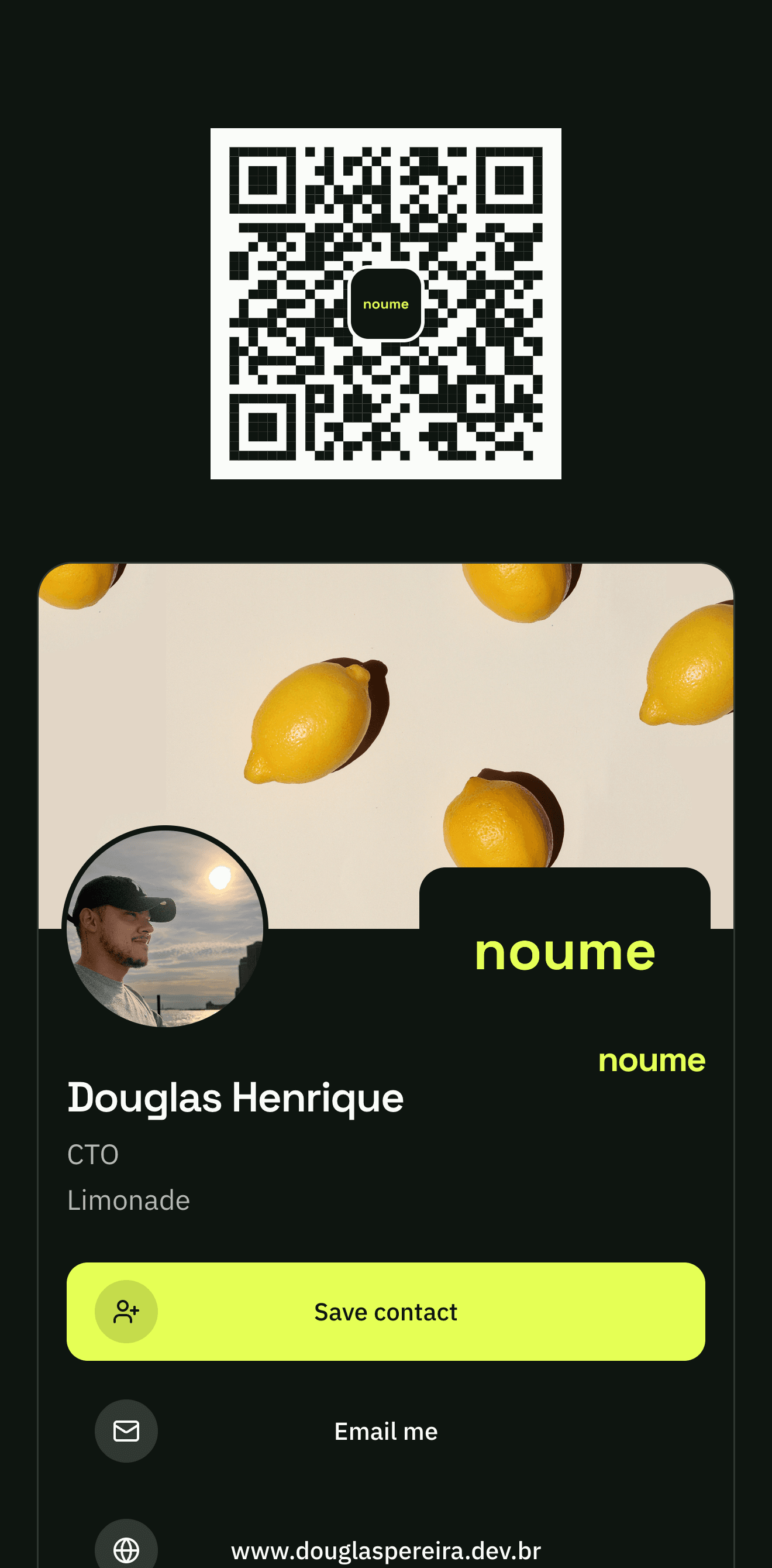 Public noume card with a lemon cover, photo, logo, and contact buttons